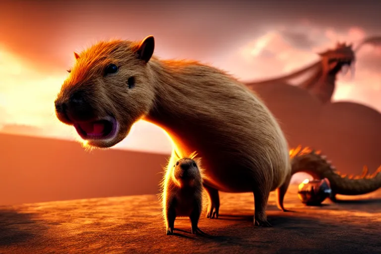 Image similar to a small capybara sits in front of a huge dragon that growls at it, ray tracing, octane render, digital art, realistic, high quality, 8 k
