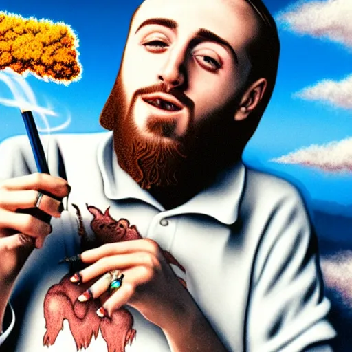 Image similar to an ultra detailed picture portrait of Mac Miller and Jesus smoking a joint in heaven, 8k, photorealistic,