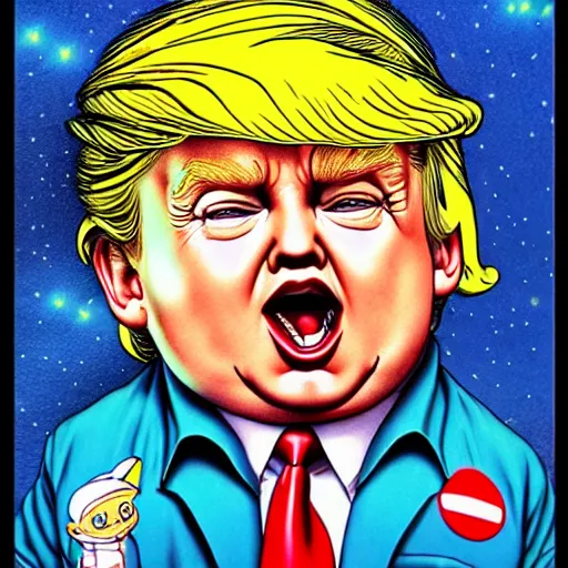 Prompt: chubby baby donald trump, high details, bold line art, by vincent di fate and joe fenton, inking, etching, screen print, masterpiece, trending on artstation, sharp, high contrast, hyper - detailed, hd, 4 k, 8 k