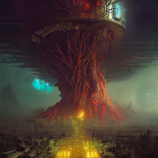 Image similar to an enigmatic and terrifying painting of a cyberpunk universe by marc simonetti, greg rutkowski, ferdinand knab, colour, hyper detail, 8 k, one giant oak, universe, nebula, burst of colour, imaginary, roots, concept art, out of this world, depth, incredible depth