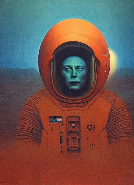 Image similar to A painting in a style of Beksinski featuring Elon Musk on mars. There is a group of rocket in the sky. Very detailed, symmetry