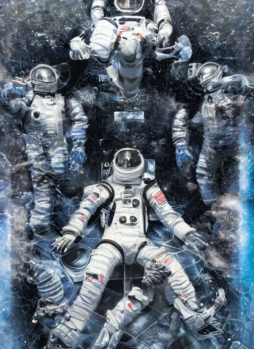 Image similar to astronauts in dark and void underwater - complex and hyperdetailed suit. reflection and dispersion materials. rays and dispersion of light. volumetric light. 5 0 mm, f / 3 2. noise film photo. flash photo. ultra realistic, poster by wayne barlowe, hajime sorayama aaron horkey, craig mullins, smooth plastic