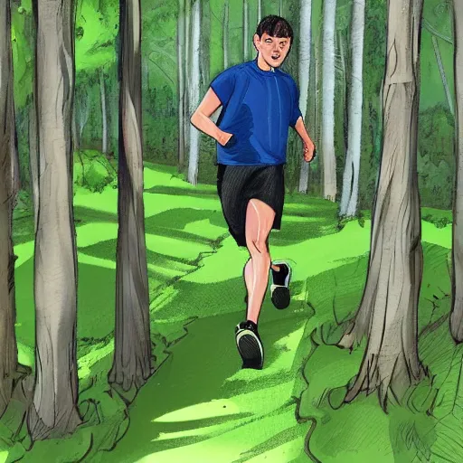 Prompt: a sporty guy runs alone through a forest with tall trees, acid-green sneakers, a shot from the back in perspective, art by Steve Henderson,