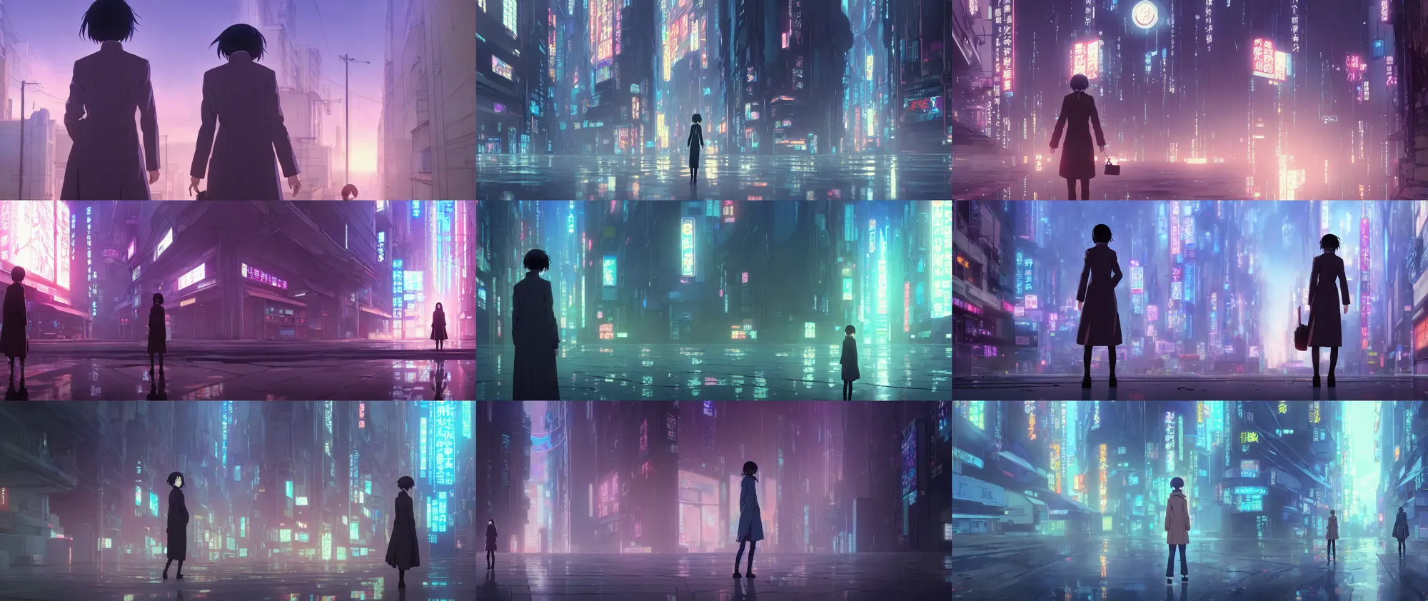 Prompt: a high definition screenshot from the haunting and strange ( ( ( cyberpunk ) ) ) anime anime anime film ; a lone lone single female detective wearing a trenchcoat investigates a strange and ethereal beyond - reality dreamworld, digital painting by ( ( makoto shinkai ) ), moebius moebius, surrealism, trending on artstation