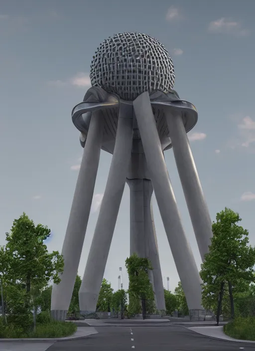 Prompt: highly detailed realistic architecture 3 d render of a futurisctic stele monument in the atomium brussels style standing near a highway, archdaily, made in unreal engine 4 octane render