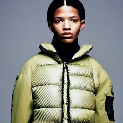 Image similar to realistic photoshooting for a new balenciaga lookbook color film photography of a beautiful woman model, model wears a puffer jacket, photo in style of tyler mitchell, ssense