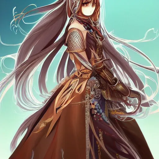 Image similar to “A hyper-detailed stunning and beautiful anime woman with brown flowing hair, long blue-cape, decorative leather armor, surrounded by a catacomb of books, Full-body character portrait, trending on artstation, by rossdraws”