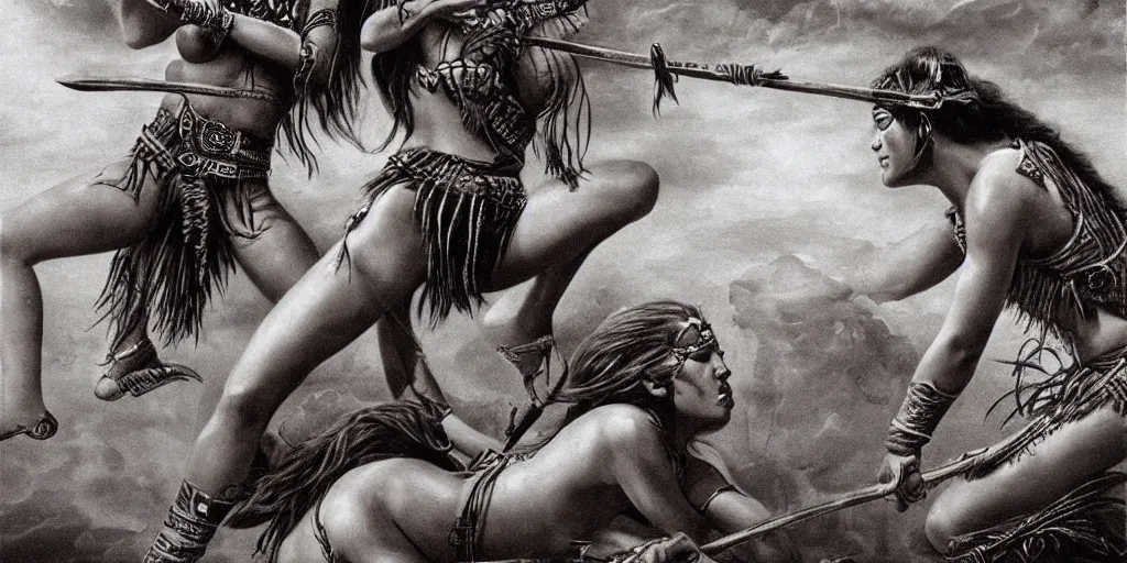 Prompt: powerful beautiful aztec and Amazonian warrior females fight, bow, flying arrows, spear, epic camera, vintage, Boris vallejo, sepia, apocalypto