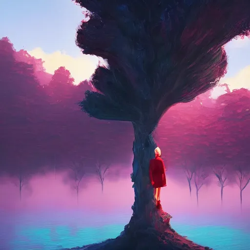 Image similar to giant cherry tree as a head, girl walking in a canyon, surreal photography, sunrise, dramatic light, impressionist painting, colorful clouds, digital painting, artstation, simon stalenhag