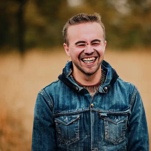 Prompt: 50mm photo of a man smiling and showing fangs