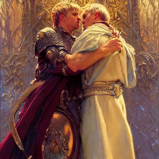 Image similar to stunning arthur pendragon in love with stunning male merlin the mage. they are close to each other. highly detailed painting by gaston bussiere, craig mullins, j. c. leyendecker