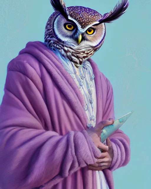 Prompt: anthropomorphic art of an owl king, in a lilac royal robe, by artgerm, victo ngai, ryohei hase, artstation, highly detailed digital painting, smooth, global illumination, fantasy art by greg rutkowsky, karl spitzweg, leyendecker