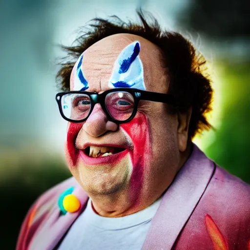 Image similar to a portrait of a abstract danny devito who has face - painting like a clown smiling creepily. depth of field. lens flare