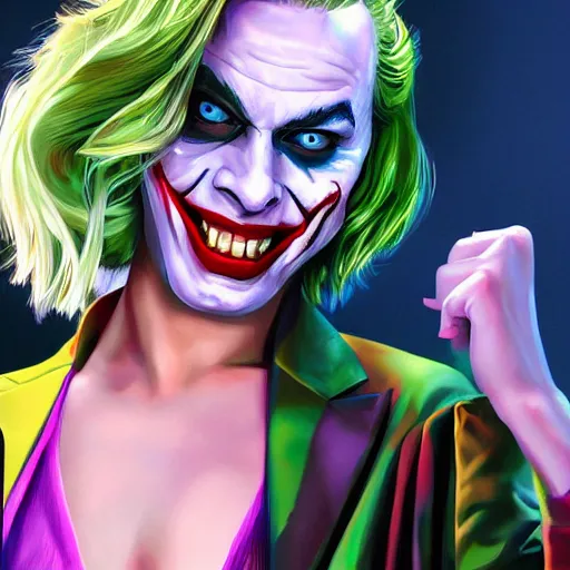 Image similar to the joker holding Margot Robbie printed pictures, digital painting, amazing detail, artstation, cgsociety