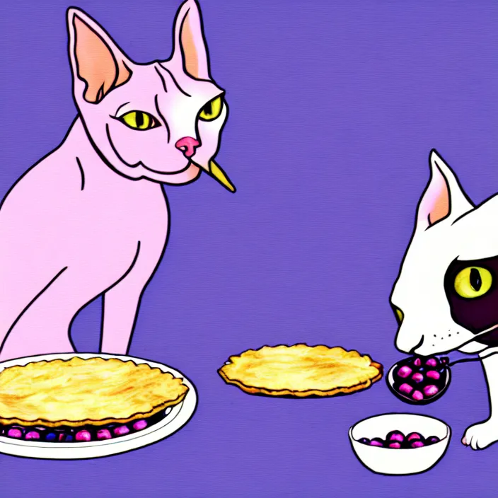 Image similar to an anthropomorphic sphynx cat eating blueberry pie, deviantart, furry, low quality, ms paint