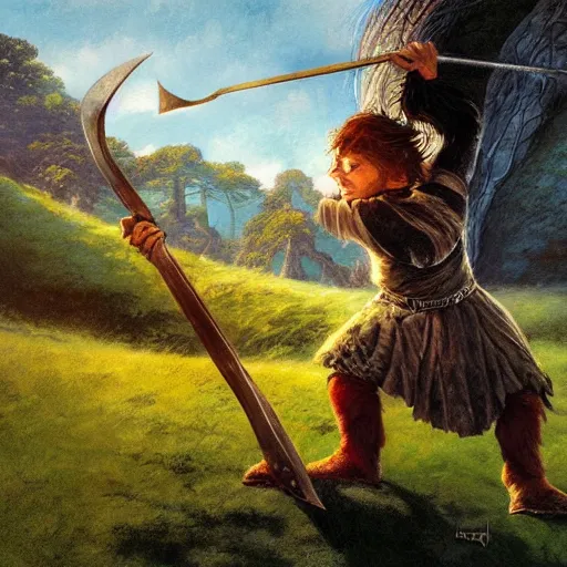 Image similar to A warrior hobbit swings a club at the head of a goblin. The rolling hills of the shire are in the background. Digital fantasy art by Anato Finnstark and Alan Lee.