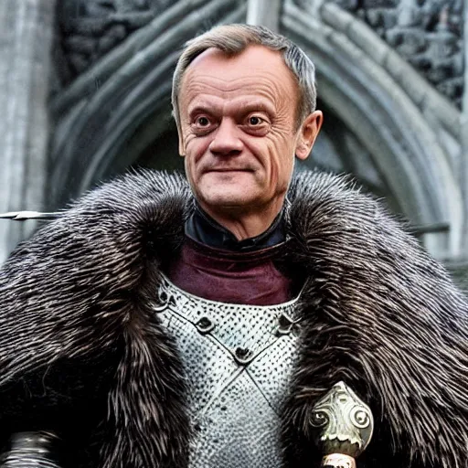 Prompt: donald tusk in medieval times look like merlin magic spells costume high details cinematic mood