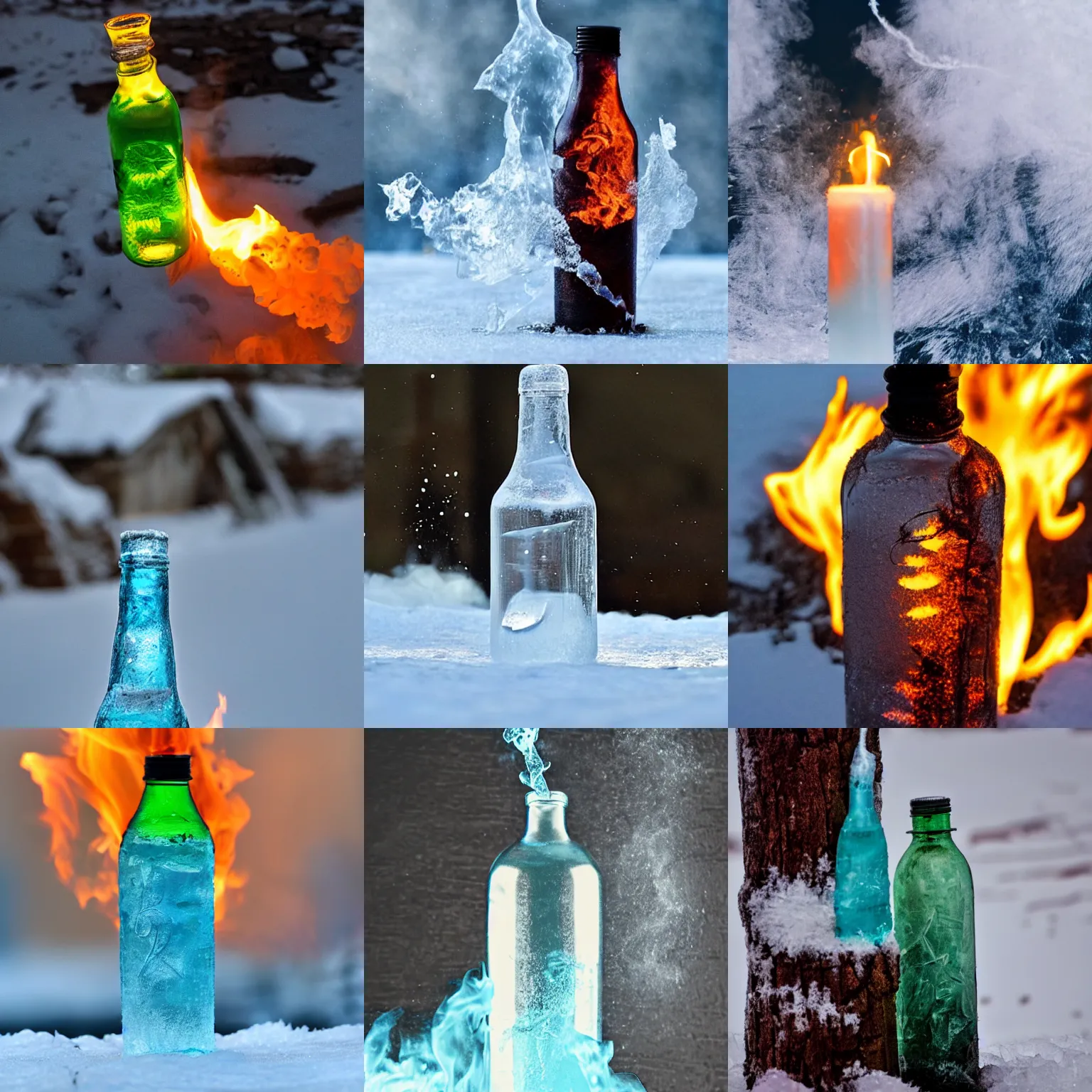Prompt: a frozen bottle on fire