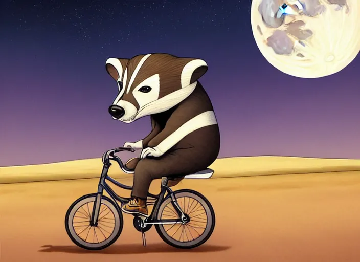 Prompt: a cell shaded cartoon badger riding a bicycle, with a big head, on a desert road, wide shot, in front of a big moon, muted colors, post grunge, josan gonzales, wlop, by james jean, victor ngai, hq, deviantart, art by artgerm