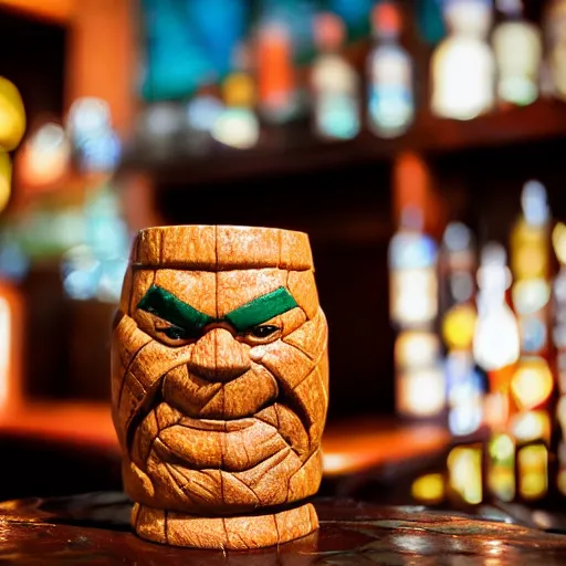 Image similar to a closeup photorealistic photograph of ben grimm's face on a tiki mug at trader vic's beach bar. fantastic four. tiki culture. bright scene. fine detail. this 4 k hd image is trending on artstation, featured on behance, well - rendered, extra crisp, features intricate detail, epic composition and the style of unreal engine.