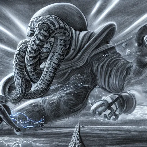 Prompt: wizard astronaut vs giant magic immune kraken 4 k ultra detailed ray traced hyperrealistic photorealism drawn by gary gigax and shivah destroyer of worlds