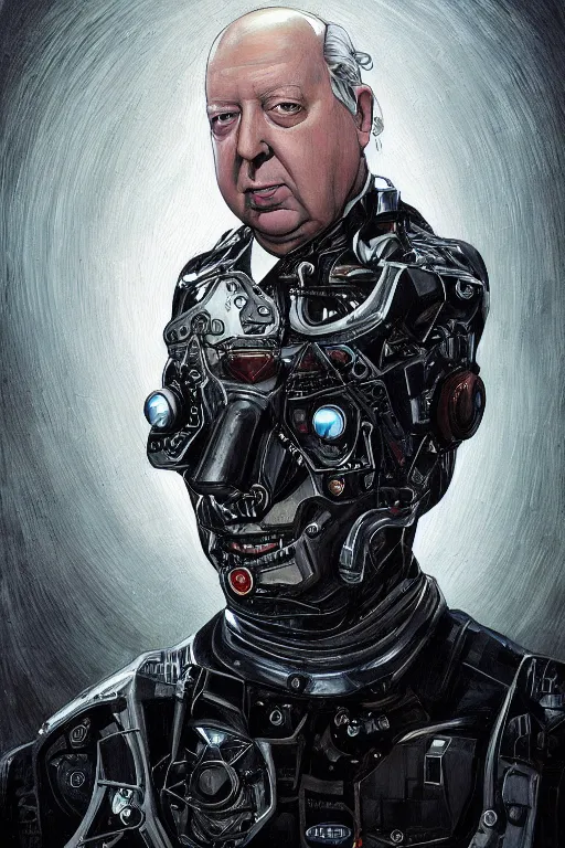 Prompt: oil portrait of alfred hitchcock as cyborg, epic, cinematic, elegant, highly detailed, featured on artstation