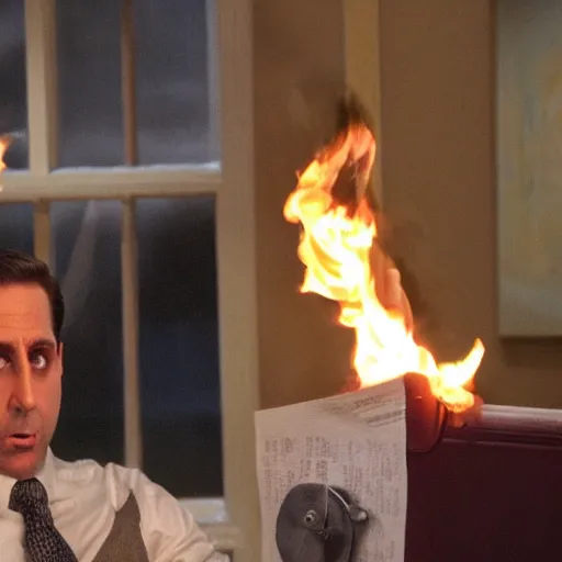 Prompt: michael Scott burning a paper sheet on fire