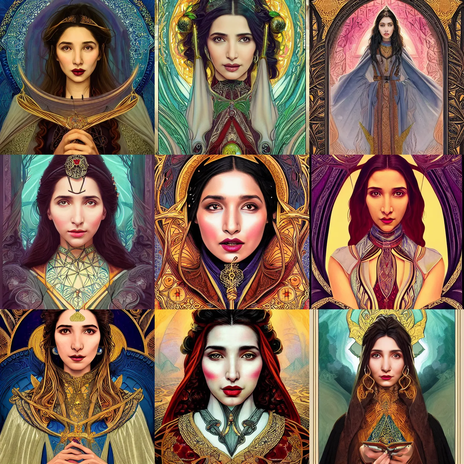 Image similar to head-on symmetrical centered painted portrait, Mahira Khan as a D&D wizard, art nouveau, tarot card style, medieval robes, fantasy, intricate, elegant, highly detailed, smooth, sharp focus, illustration, artstation, in the style of Artgerm and Anna Podedworna and Alex Ross and Mucha