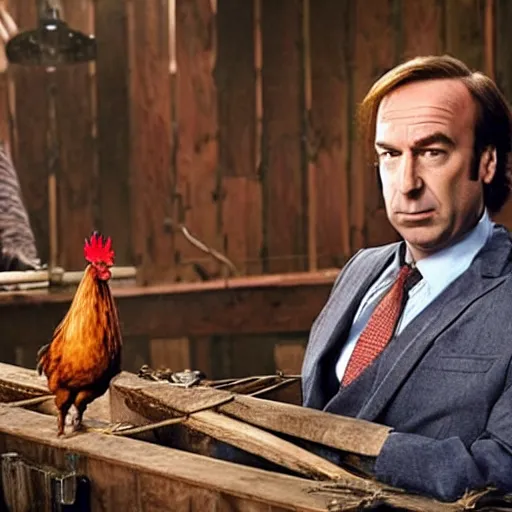 Prompt: saul goodman and a rooster in a saw movie torture chamber, scary torture devices in the background, saul goodman, rooster, photo