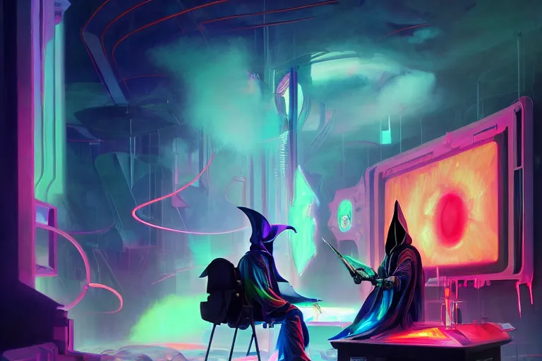 Image similar to a beautiful masterpiece painting of a technomancer wizard in robes with pointed hood battling his synthesized AI djinn in his laboratory near a computer by Remedios Varo and Anato Finnstark and Greg Rutkowski, dayglo pink, dayglo blue, dazzle camouflage, 8k, trending on ArtStation