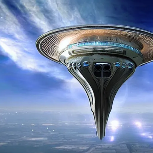 Prompt: an alien starship appearing in the sky over a city. the starship's design is very different from what humans expect. highly realistic photograph