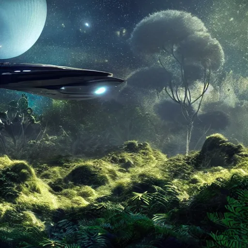 Prompt: A hyper realistic, cinematic, establishing shot of an uncharted planet, with never before seen plant and wildlife , futuristic, far away galaxy , fleeting starship in the distance