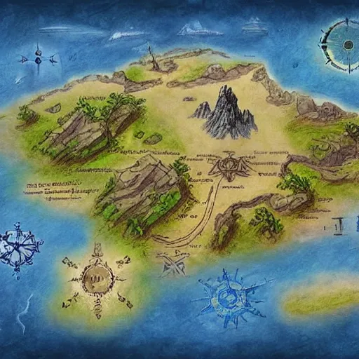 Image similar to map of an imaginary island in a fantasy world, drawing of different elements in the lands, different realms, blueprint, infographic, on paper, natural colors, adventure, bionicle, different colors, vintage, with notes, highly detailed, trending on artstation, fantasy art