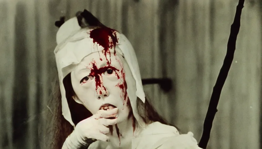 Image similar to 60s movie still of a white japanese female phantom with a bloody foetus stick on the head, eastmancolor, heavy grain, high quality, higly detailed, liminal space