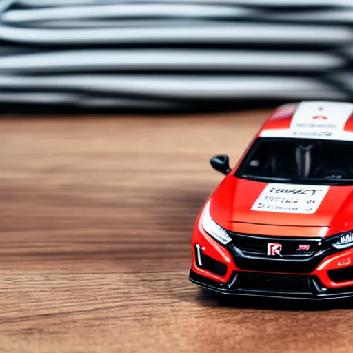 Image similar to civic type r fk 8 as a toy car on a wooden desk, focus shot, 1 0 5 mm, photo realistic