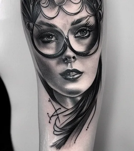 Image similar to a beautiful tattoo design, in the style of den yakovlev, hyper realistic, black and white, realism, highly detailed