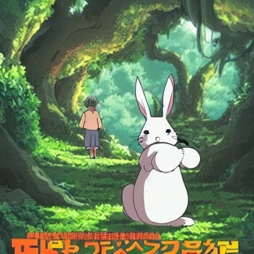 Image similar to anime movie poster for a wandering rabbit in a mysterious forest, studio ghibli