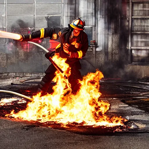 Prompt: Crazy Tiefling with a torch. Firefighters extinguish the fire. Fantasy