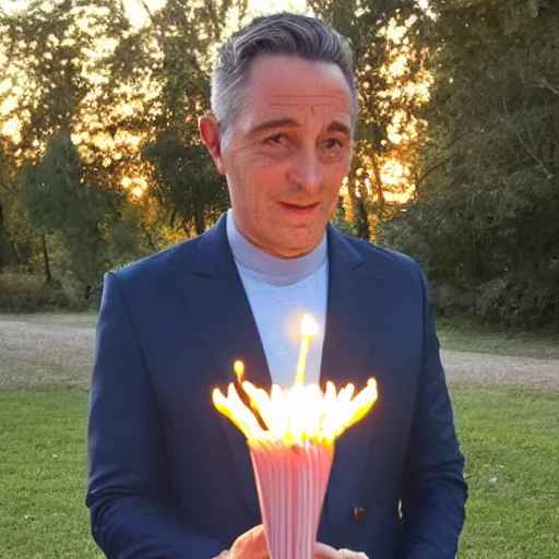 Prompt: an incredibly attractive middle - aged man called miguel scheider happily blowing birthday candles, golden hour