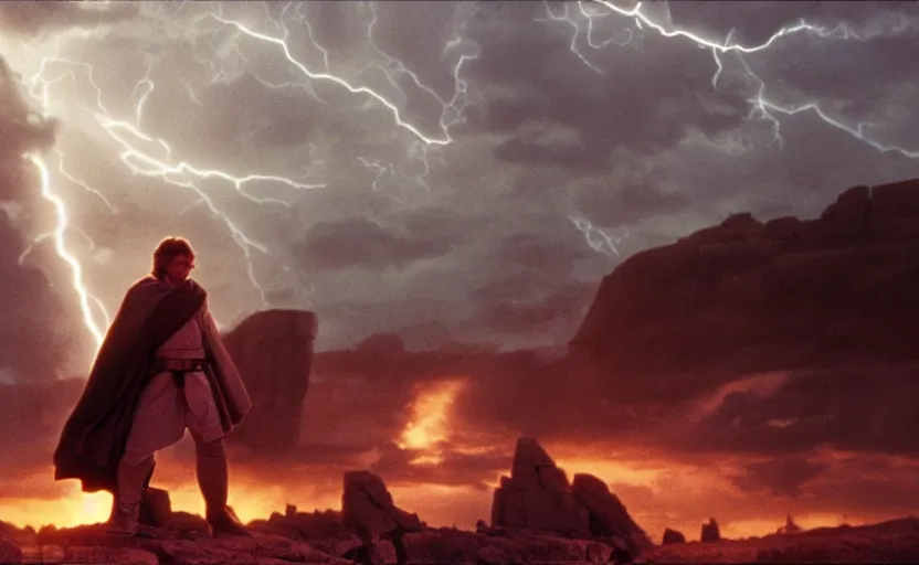 Image similar to screenshot portrait of Luke Skywalker in a windy lightning battlefield with scattered ruins of a fiery jedi rock temple, surrounded by giant AT-AT walkers, with young jedi army behind him, iconic scene from 1970s film by Stanley Kubrick, last jedi, 4k HD, cinematic lighting, beautiful portrait of Mark Hammill, moody scene, stunning cinematography, mcu effects, anamorphic lenses, kodak color film stock