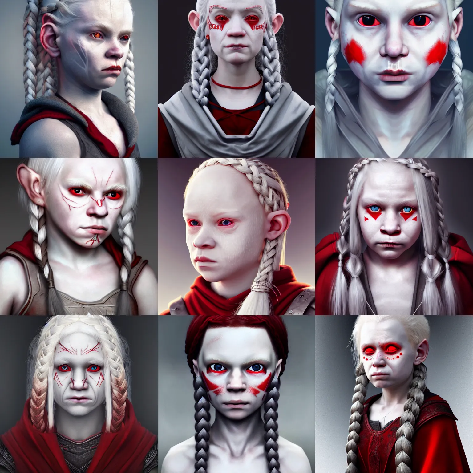 Prompt: realistic portrait of a young albino female halfling with red! eyes and white! braided hair and a grey! cloak and geometric facial tattoos, haunted and sad expression, artstation, cinematic lighting, 8 k, digital art