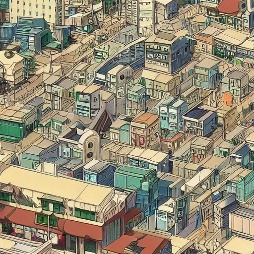 Image similar to japanese town, neighborhood, japanese city, underground city, modern city, tokyo - esque town, 2 0 0 1 anime, cel - shading, compact buildings, sepia sunshine