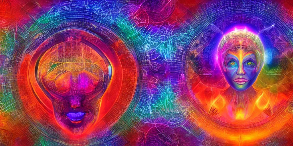 Image similar to transcendence into collaborative intelligence, endless collaboration with ai, connectedness, body, by alex grey, award winning, beautiful, colorful, volumetric lighting, trending on artstation, cinematic