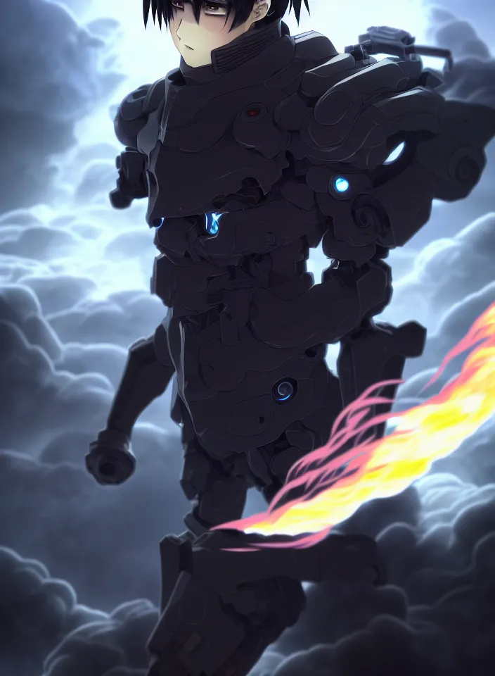 Image similar to a detailed manga illustration character full body portrait of a dark haired cyborg anime man surrounded by clouds of dark smoke and fire, trending on artstation, digital art, 4 k resolution, detailed, high quality, sharp focus, hq artwork, insane detail, concept art, character concept, character illustration, full body illustration, perfect anatomy, cinematic, dramatic lighting