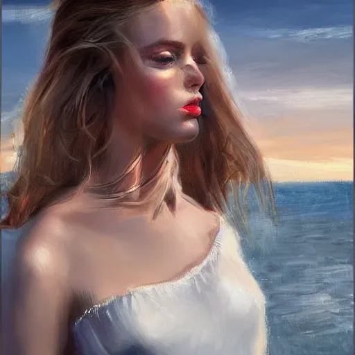 Image similar to beautiful russian models on a yacht wearing a white dress, detailed face with pink lips, blue eyes and large forehead, moody lighting, peaceful atmosphere, digital art, highly detailed, high contrast, beautiful lighting, award winning, trending on art station, 8 k,