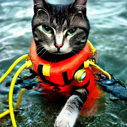 Image similar to cat wearing diving suit swimming in a river, 8k photograph, cat photography