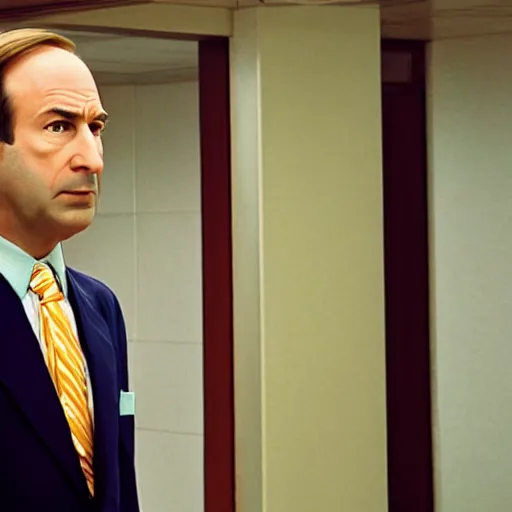 Prompt: Still frame from Wes Anderson movie, Saul Goodman in a court room, pastel colors, 4:3 aspect ratio