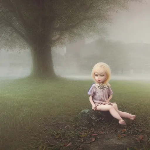 Prompt: portrait of a blonde child playing outside, nicoletta ceccoli, mark ryden, lostfish, hyung tae, frank frazetta, depth of field, detailed and intricate foggy london evening london environment, 8 k resolution, hyperrealistic, octane render