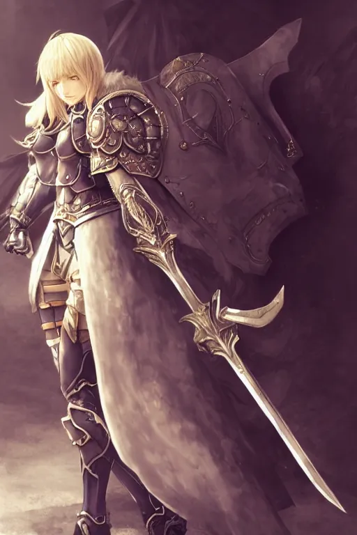 Image similar to A full body portrait of a female paladin, blonde hair, Akihiko Yoshida, concept art, very detailed, tone mapping, matte