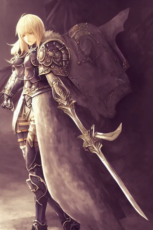 Prompt: A full body portrait of a female paladin, blonde hair, Akihiko Yoshida, concept art, very detailed, tone mapping, matte